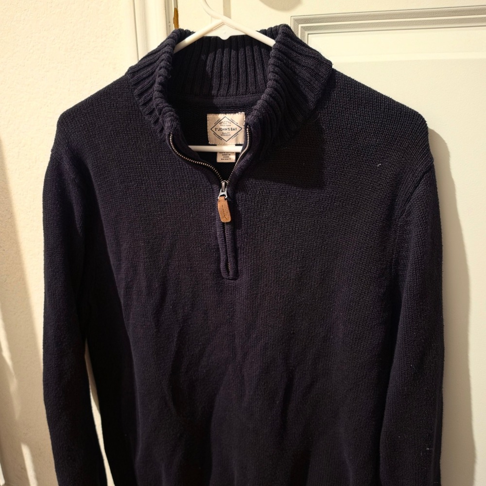 St Johns Bay Mens Black 100% Cotton Quarter Zip Mock Neck Sweater Size M